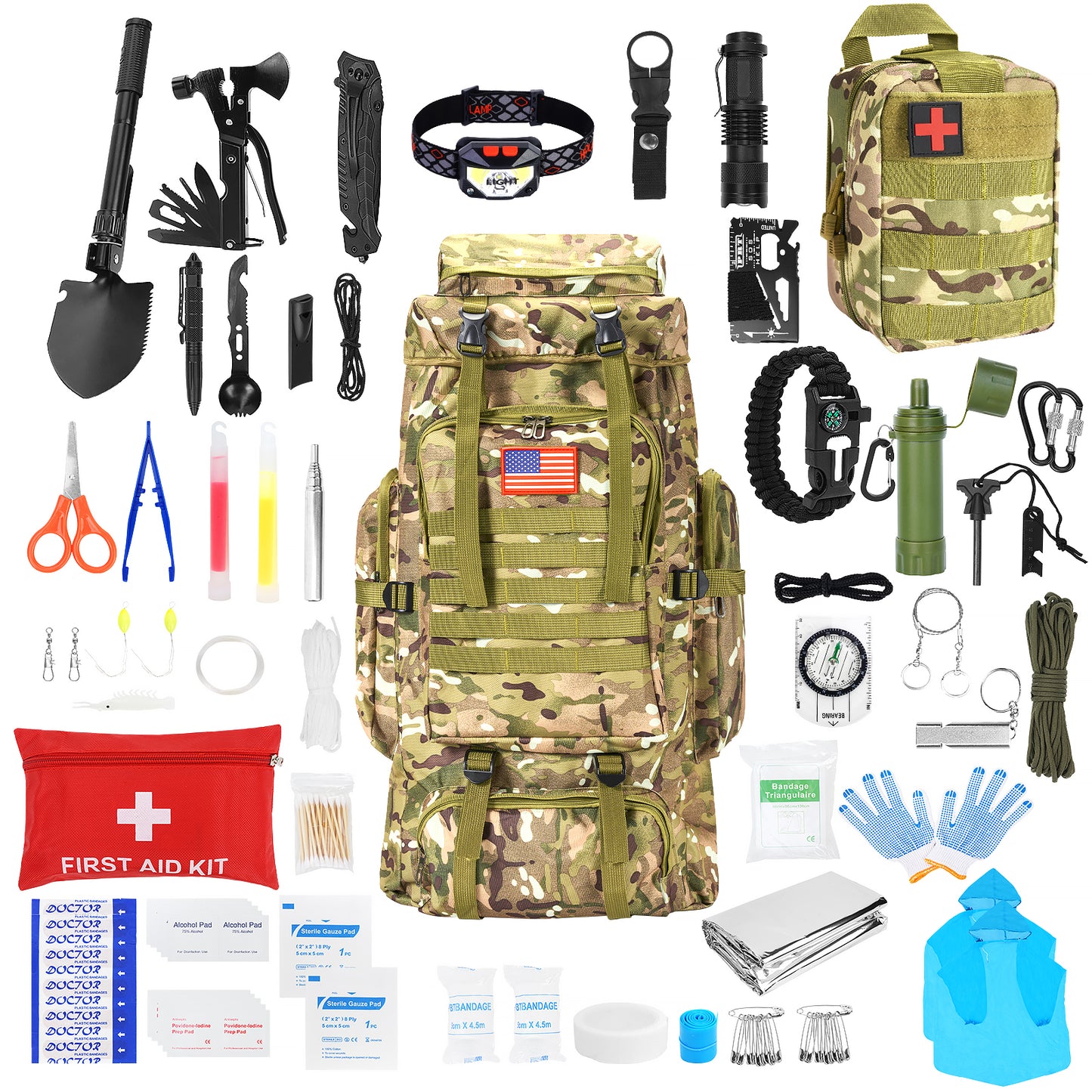 Survival Gear Professional Kit and Large Camping Backpack,First Aid Kit for Adventure Outdoor Hiking Accessories-Cp Camouflage